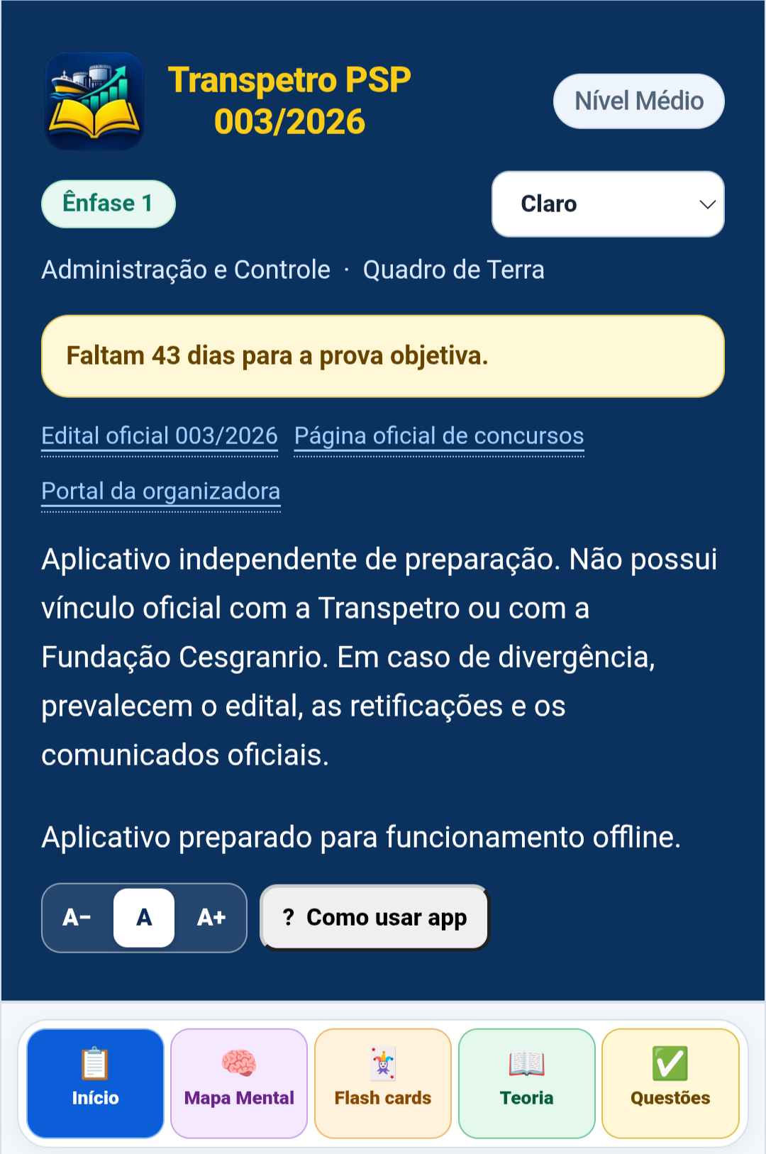 Cabeçalho do aplicativo Preparatório Digital Transpetro