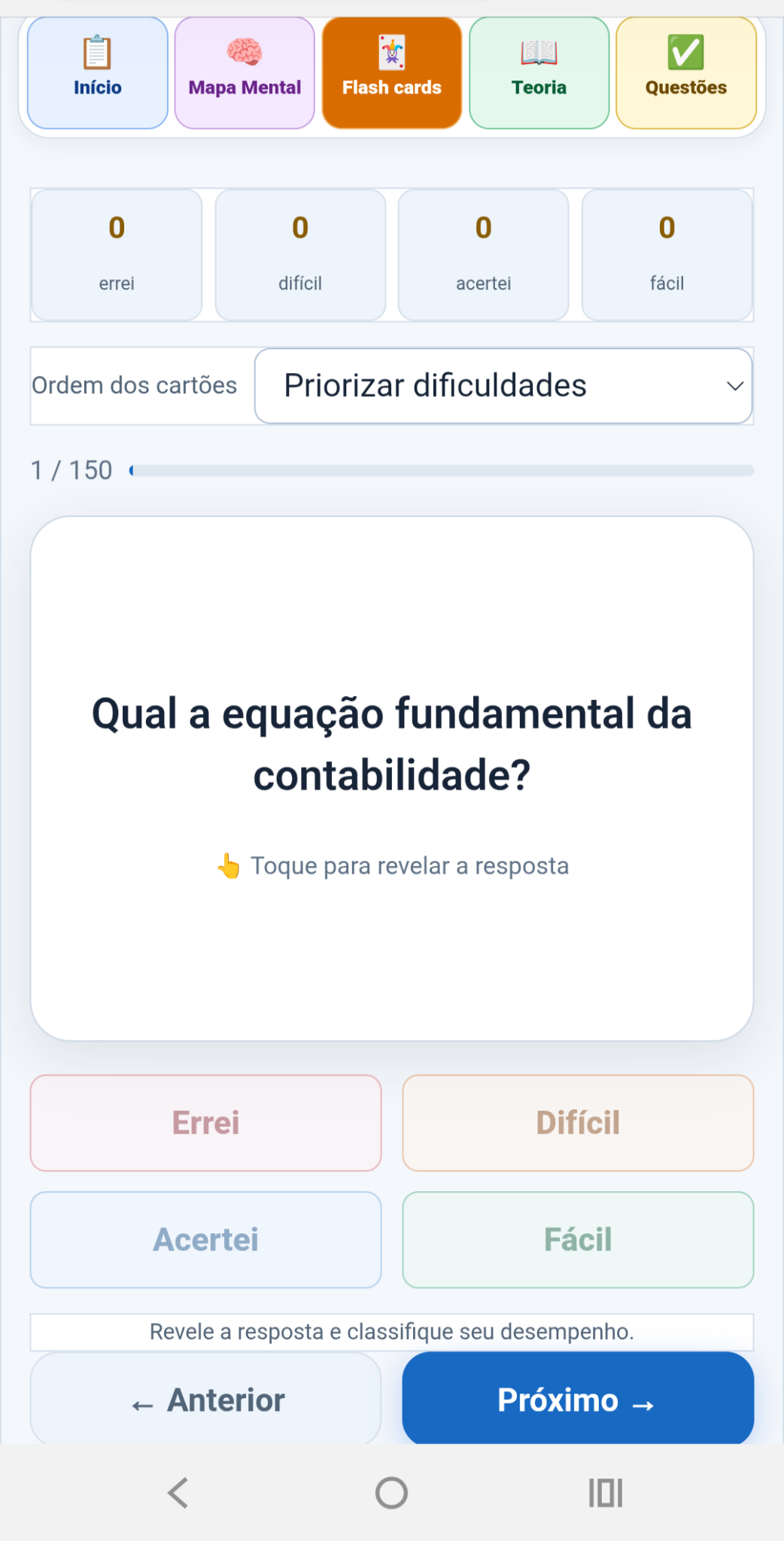 Tela de flash cards com pergunta e classificação de desempenho