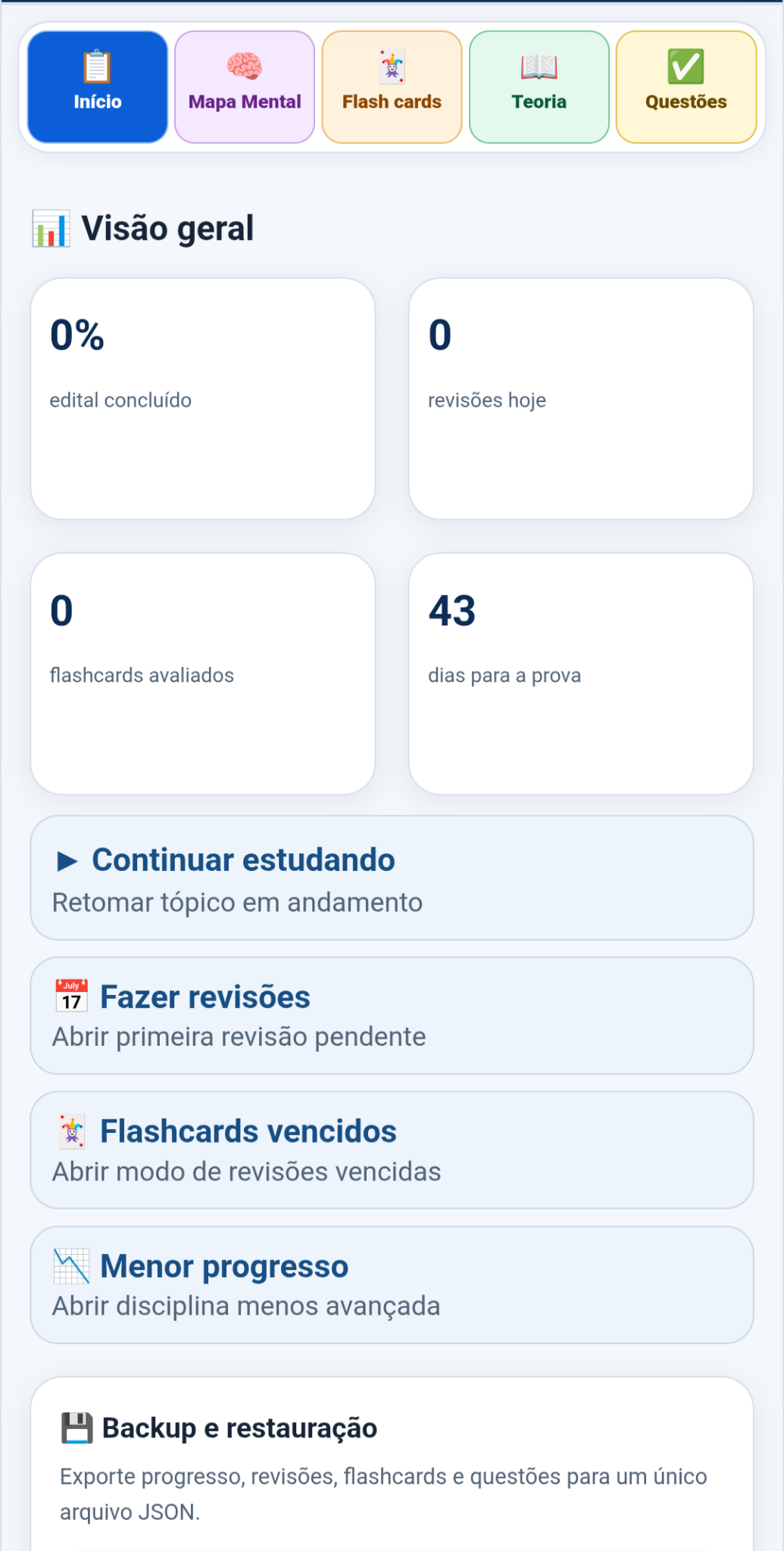 Dashboard do aplicativo com progresso e ações de estudo