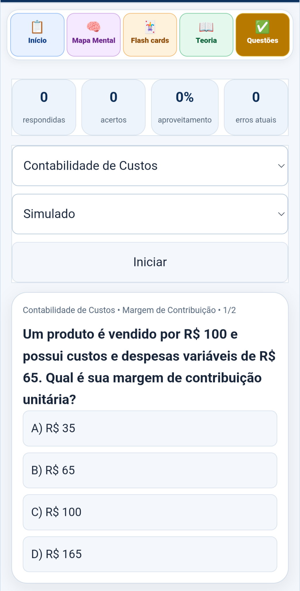 Tela de questões e simulado com alternativas